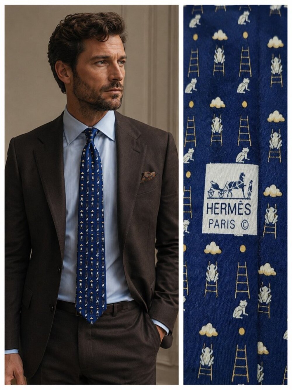 Hermès Paris 100% Silk Tie Blue Cat Ladder Novelty Print Made in France 7860 UA